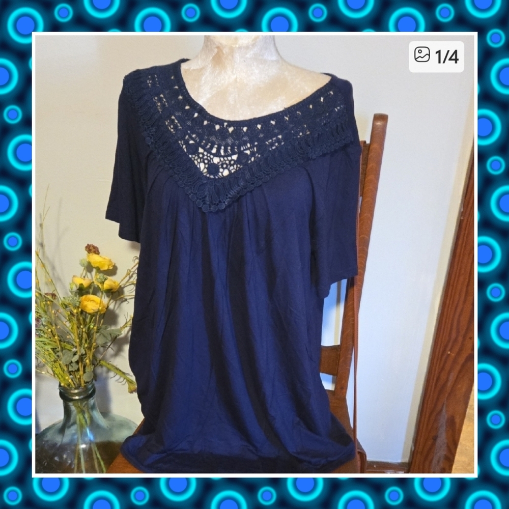 Nwt Navy Top With Crocheted Neckline Size Large